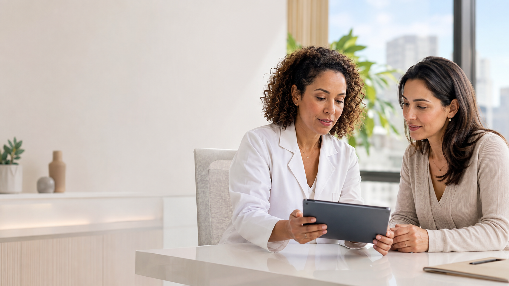 Médica mostrando informações em tablet para paciente, remetendo à comparação entre plano de saúde e seguro saúde