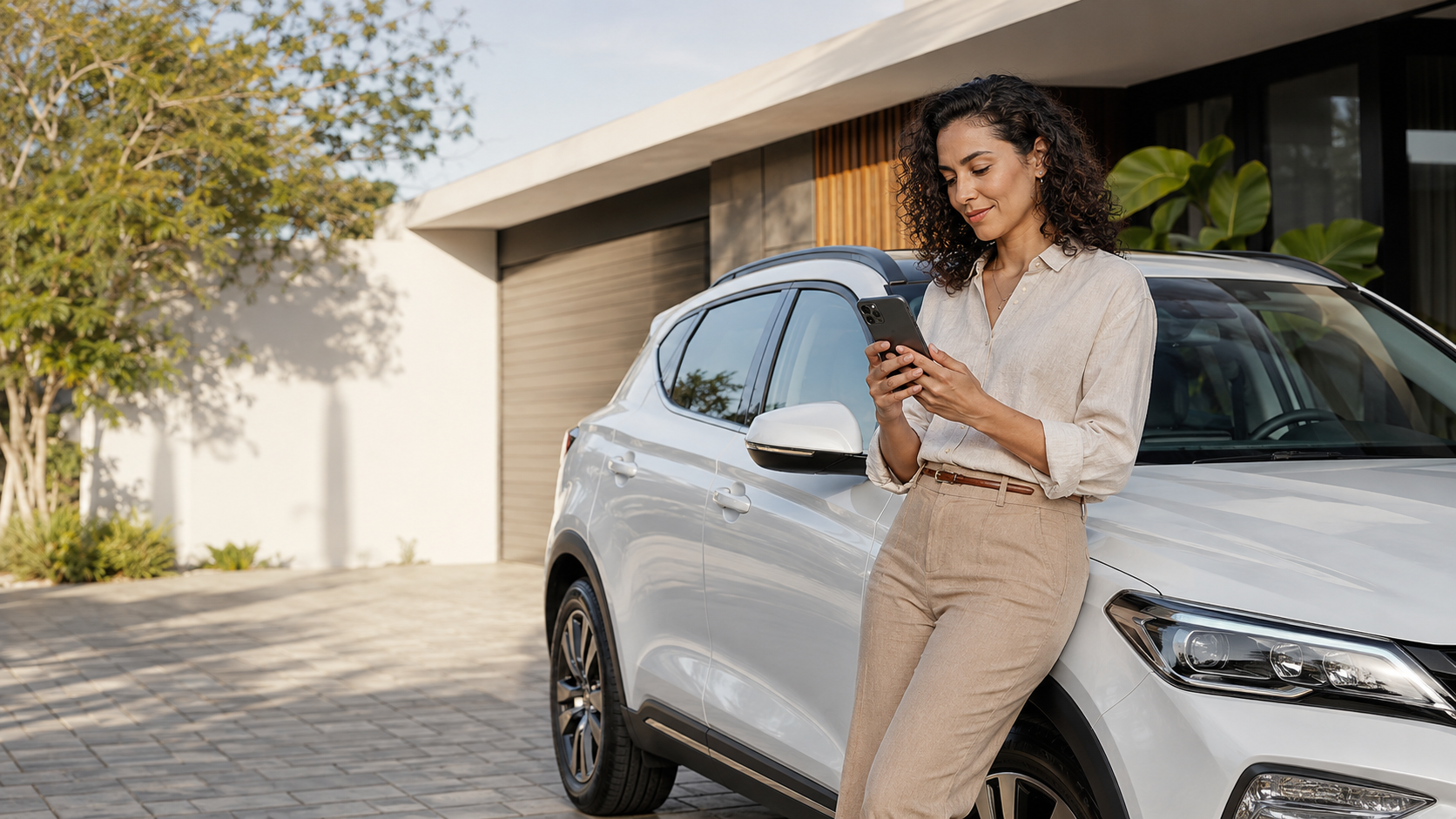 Mulher ao lado do carro consultando o celular em frente a uma garagem, remetendo à contratação de Seguro Auto