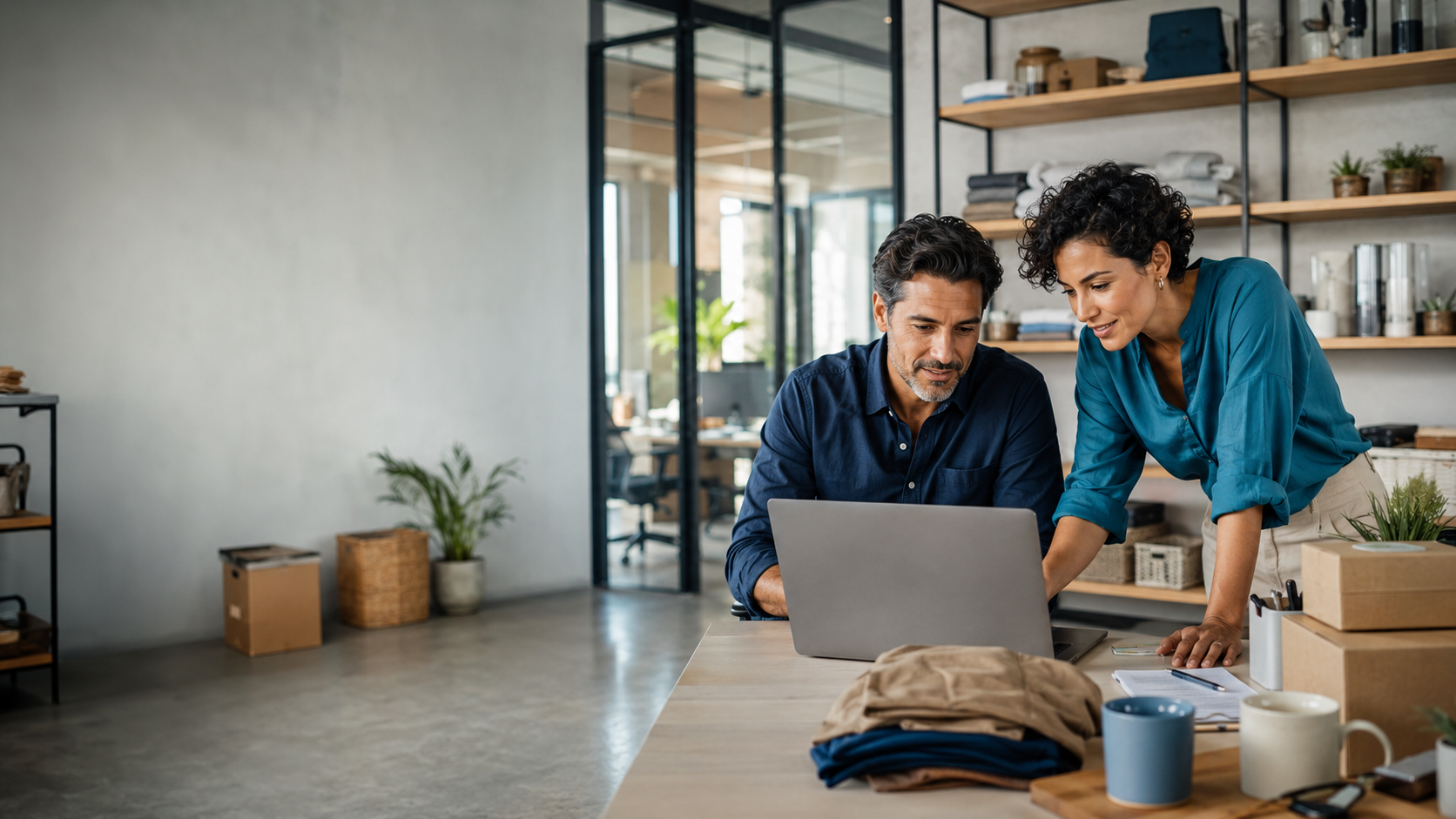 Empreendedores analisando informações em notebook em ambiente de trabalho, remetendo ao Seguro Empresarial