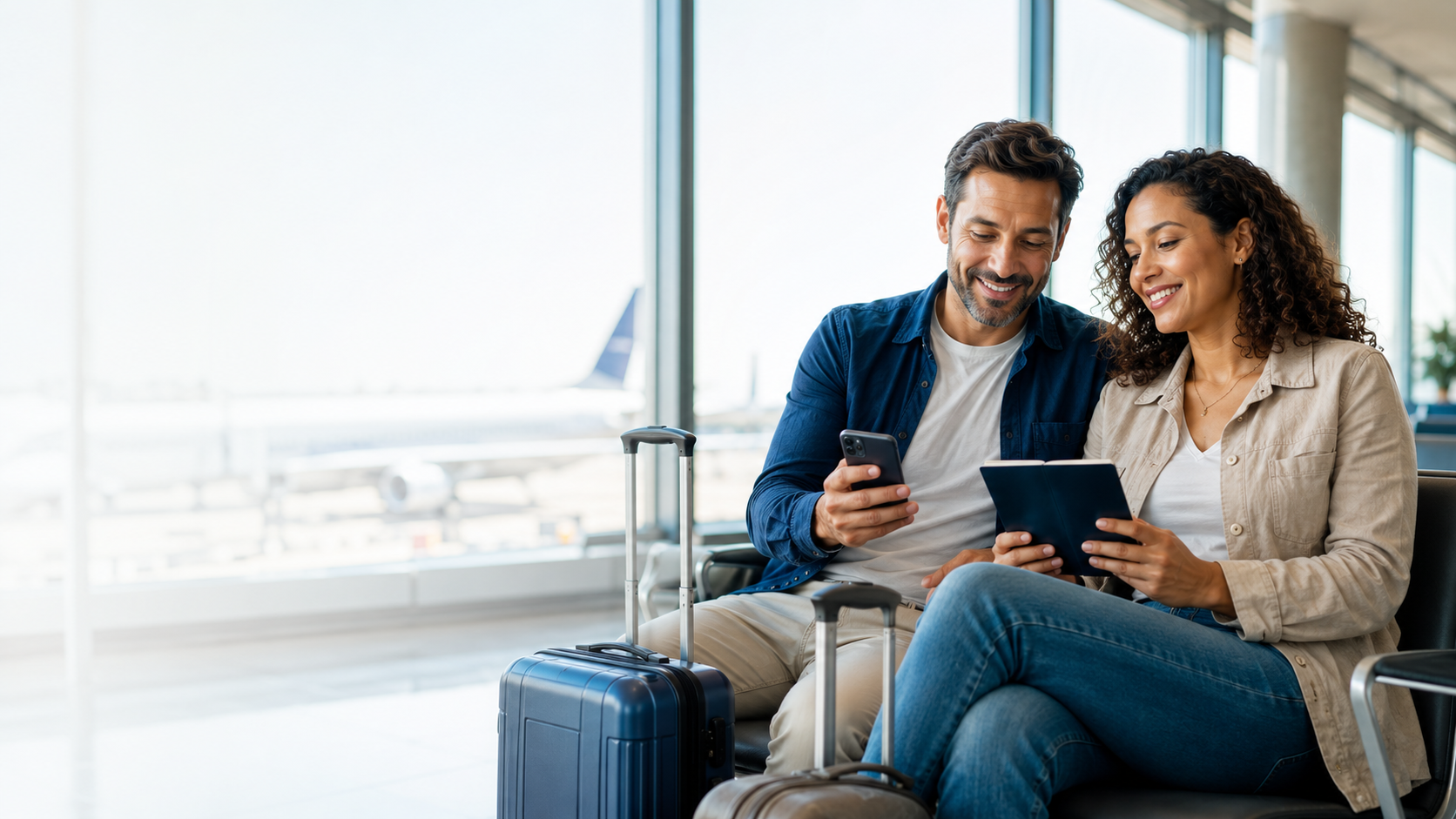 Casal no saguão do aeroporto consultando documentos de viagem, remetendo ao Seguro Viagem